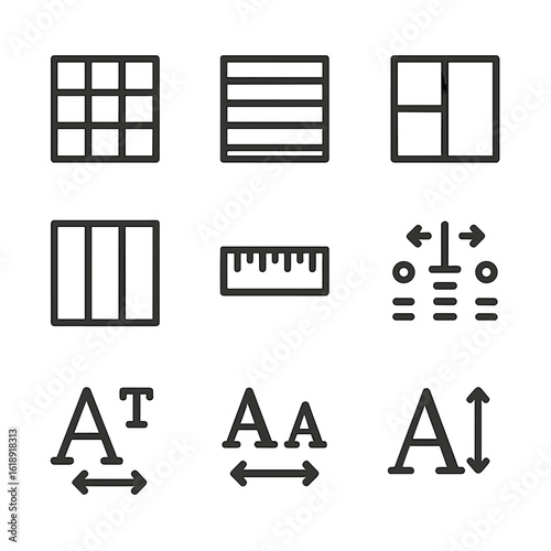 Typography Tools Icons. Outline icon set of typographic layout tools: grid, baseline grid, margin guide, column guide, ruler,