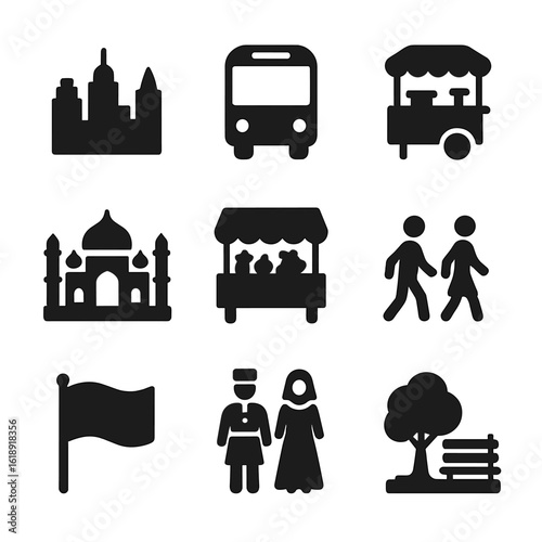 Global City Icons. Solid, filled icons set of life in different cities and countries: skyline silhouette,
