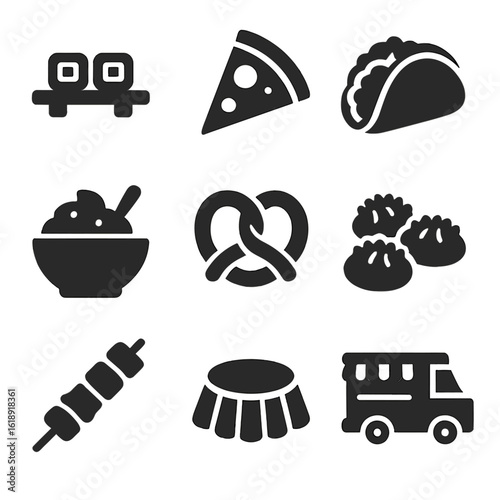 Global Cuisine Icons. Solid, filled icons set of food culture in different countries: sushi plate, pizza slice