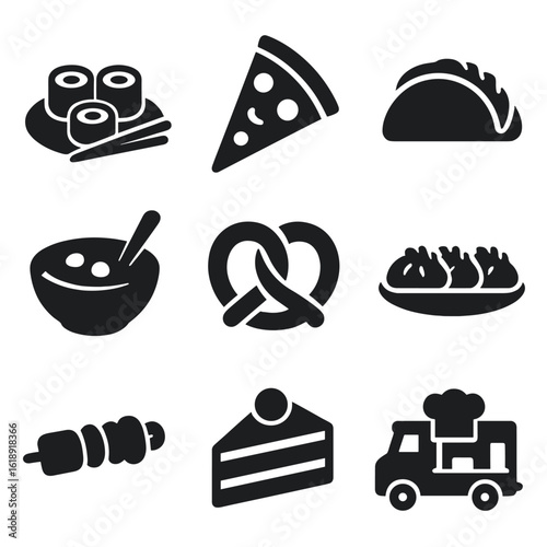 Global Cuisine Icons. Solid, filled icons set of food culture in different countries: sushi plate, pizza slice