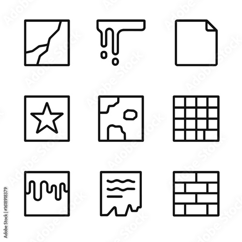Urban Art Icon Set. Outline icon set of urban art textures: concrete crack, paint drip, sticker/poster, stencil shape, chipped