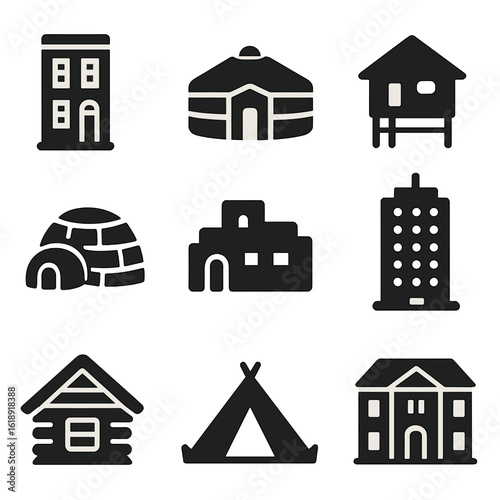 Global Housing Icons. Solid, filled icons set of housing styles across the world: townhouse, yurt, stilt house