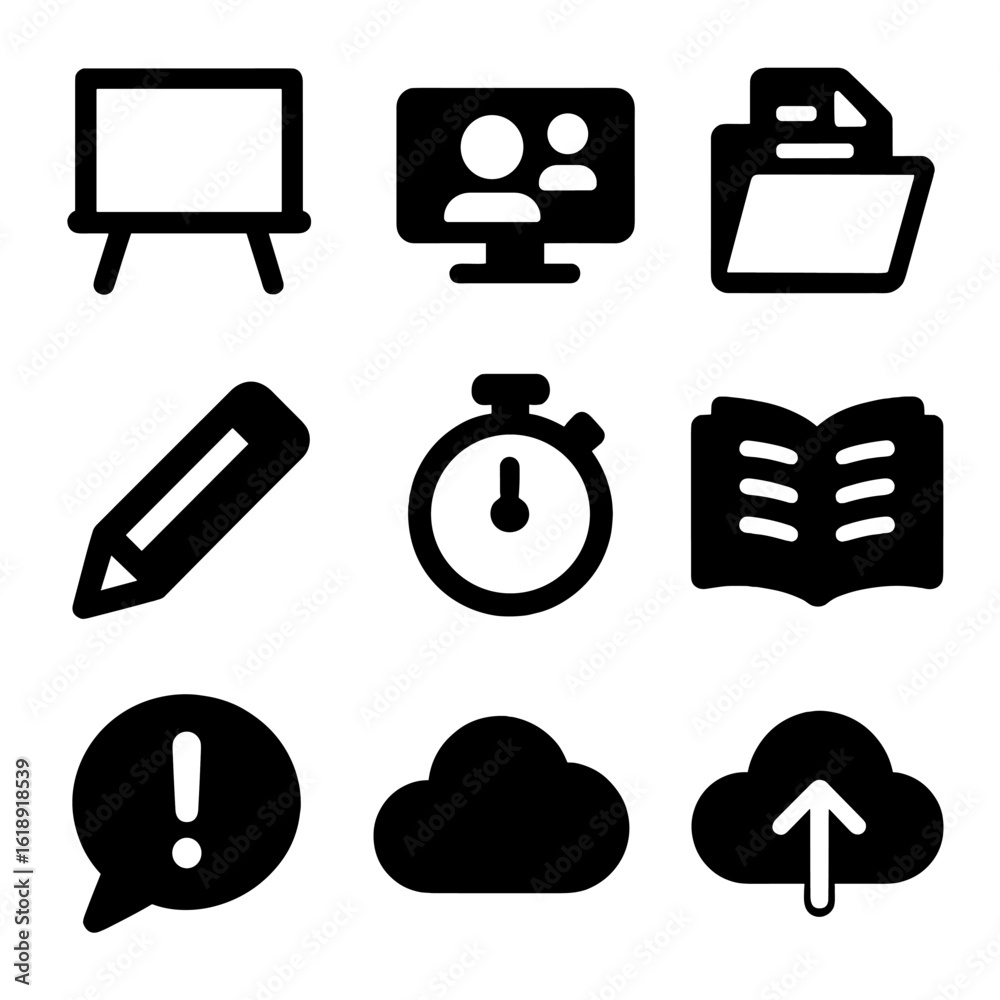 Digital Classroom Icons. Solid, filled icon set of digital classroom tools: whiteboard, video call, assignment folder, pencil, Digital Classroom Icons. Solid, filled icon set of digital classroom tools: whiteboard, video call, assignment folder, pencil,