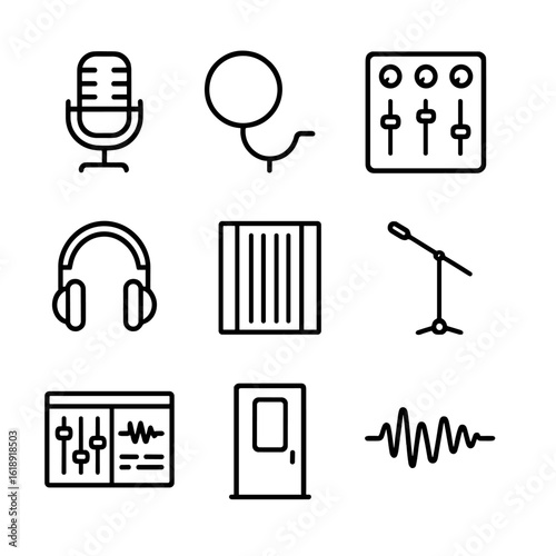 Vocal Studio Icon Set. Outline icon set of vocal recording studio: condenser microphone, pop filter, audio mixer, studio