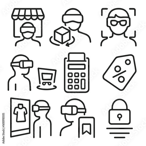 VR E-commerce Icons. Outline icon set of VR e-commerce experience: virtual storefront, 3D product model, AR try-on frame, shopping