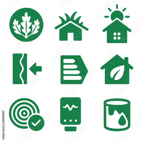 Green Building Icons. Solid, filled icons set of green building certifications and features: LEED logo, green