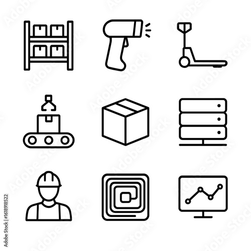Warehouse Icon Set. Outline icon set of warehouse management: inventory shelf, barcode scanner, pallet jack, automated conveyor,