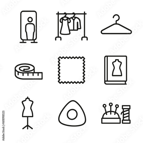 Wardrobe Consultation Icons. Outline icon set of wardrobe consultation: fitting room mirror, garment rack, hanger, measurement