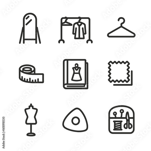 Wardrobe Consultation Icons. Outline icon set of wardrobe consultation: fitting room mirror, garment rack, hanger, measurement