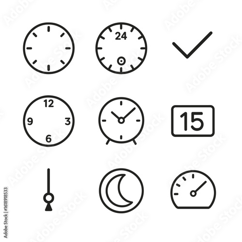 Watch Icon Set. Outline icon set of time indication features: 12-hour marker, 24-hour marker, tick mark, numeral marker, subdial,