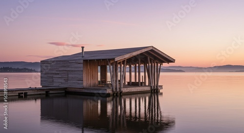 Lakeside Sauna at Sunset: Serene Nordic Retreat on Calm Water, Wooden Dock & Reflections, Minimalist Architecture, Pink & Purple Sky, Finland Landscape