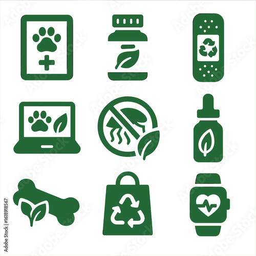 Green Vet Icons. Solid, filled icons set of green vet and health care options: digital medical record, natural
