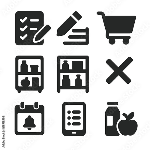 Grocery List Icons. Solid, filled icons set of making grocery list: checklist paper, pencil icon, shopping