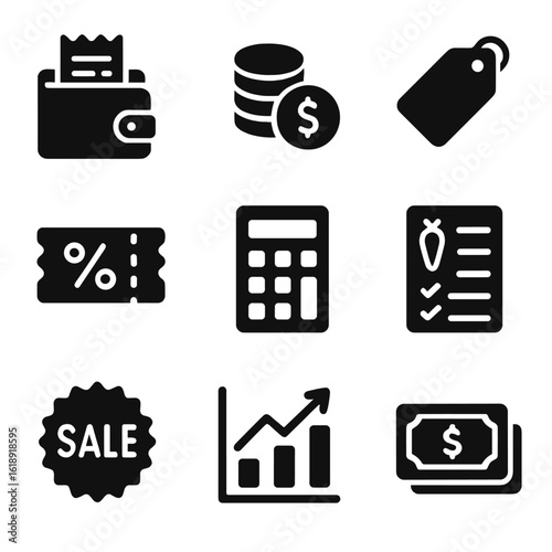 Grocery Budgeting Icons. Solid, filled icons set of budgeting for groceries: wallet with receipt, coin stack,