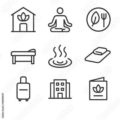 Wellness Retreat Icons. Outline icon set of wellness retreat tourism: spa facility, yoga pose, healthy meal, massage table,
