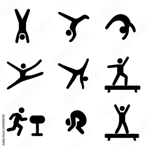 Gymnastics Icons Grid. Solid, filled icons set of gymnastics moves: handstand, cartwheel, backflip, split leap