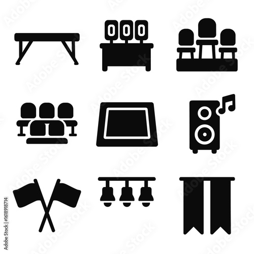 Gymnastics Icons Grid. Solid, filled icons set of gymnastics event setup: balance beam, scoring table, judges’