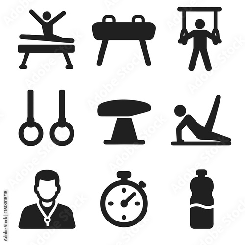 Gymnastics Icon Grid. Solid, filled icons set of gymnastics training: balance beam, pommel horse, parallel
