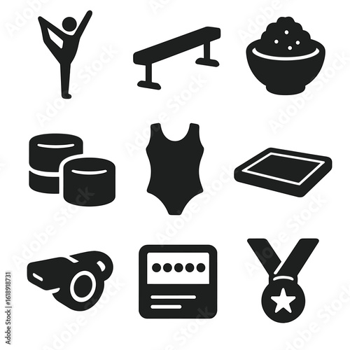 Gymnastics Icons Set. Solid, filled icons set of balance beam: gymnast, balance beam, chalk powder, wristbands