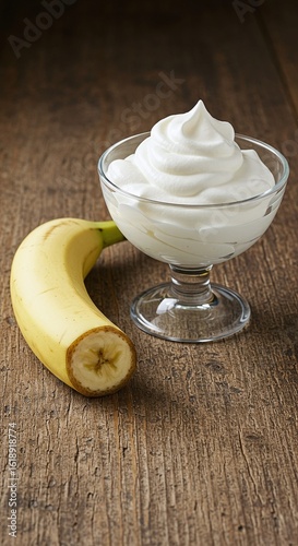 Yogurt Dessert with Banana: Creamy White Yogurt in Glass Bowl, Healthy Breakfast, Snack on Wood Table, Fresh Dairy, Close-up, Still Life