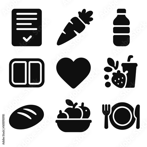 Healthy Grocery Icons. Solid, filled icons set of healthy grocery planning: nutrition label, fresh veggie icon