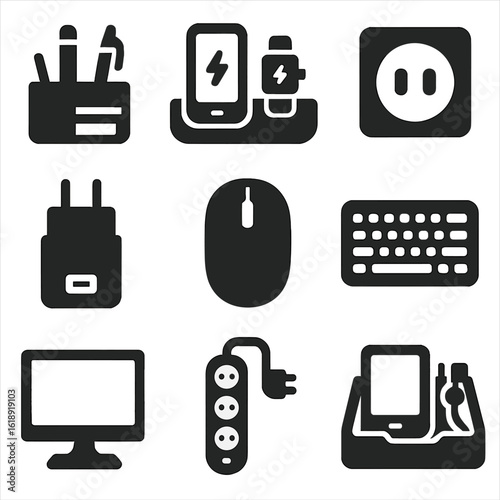 Home Office Electronics Icons. Solid, filled icons set of home office electronics storage: desk organizer,
