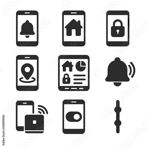 Home Security Icons. Solid, filled icons set of mobile monitoring for home security: app notification,