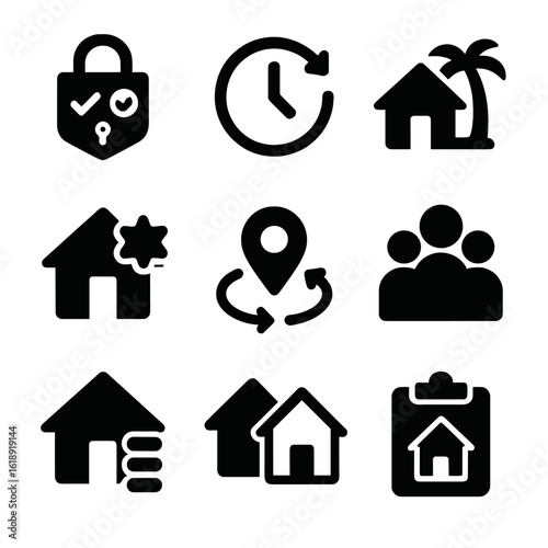 Home Security Icons. Solid, filled icons set of home security automation routines: arm/disarm toggle,