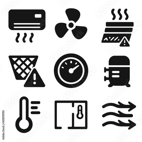 HVAC Controls Icons. Solid, filled icons set of HVAC system controls: HVAC unit, system fan icon, vent airflow