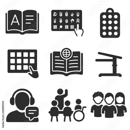 Inclusive Education Icons. Solid, filled icons set of inclusive education tools: large print book, sign