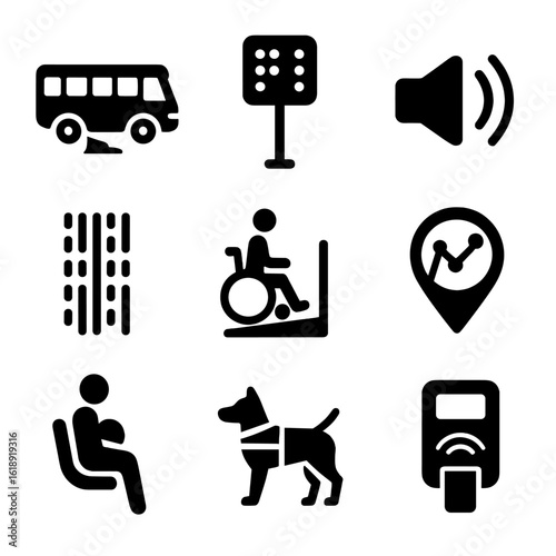 Inclusive Transport Icons. Solid, filled icons set of inclusive transport systems: kneeling bus, braille bus