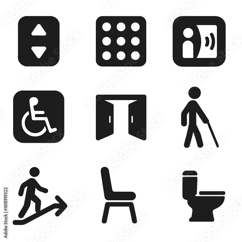 Inclusive Space Icons. Solid, filled icons set of physical space inclusivity: elevator button, tactile floor