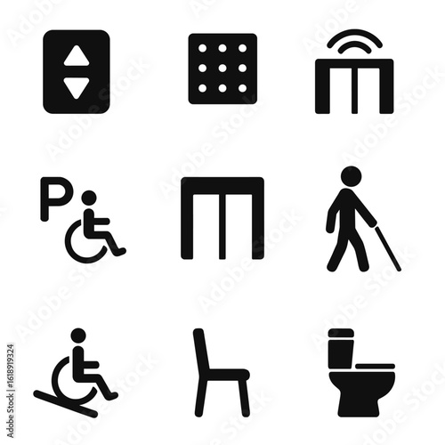 Inclusive Space Icons. Solid, filled icons set of physical space inclusivity: elevator button, tactile floor