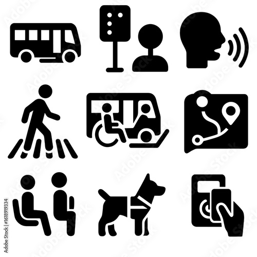 Inclusive Transport Icons. Solid, filled icons set of inclusive transport systems: kneeling bus, braille bus