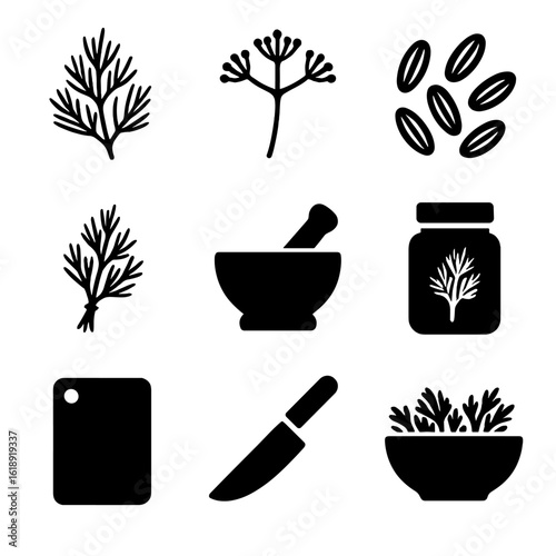 Dill Icon Set. Solid, filled icon set of dill: dill leaves, dill flowers, dill seeds, herb bunch, mortar and pestle, spice jar,