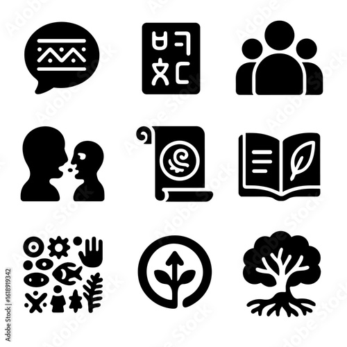Indigenous Language Icons. Solid, filled icons set of indigenous languages: tribal speech bubble, traditional