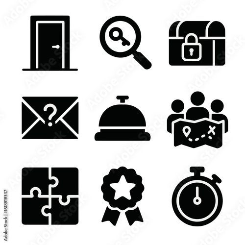 Indoor Challenge Icons. Solid, filled icons set of indoor collaborative challenges: escape room door, clue
