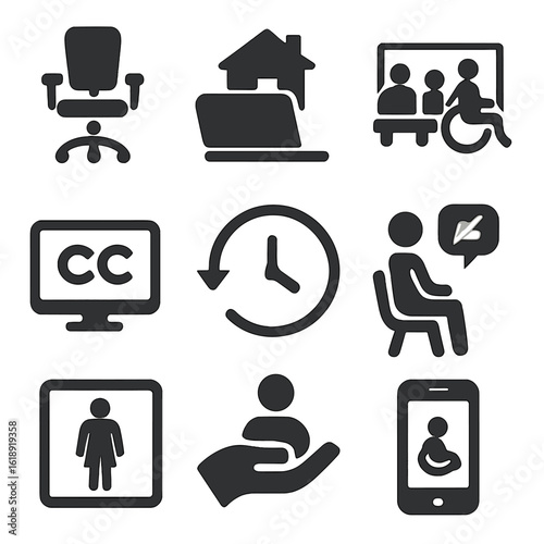 Inclusive Workplace Icons. Solid, filled icons set of inclusive workplace design: adjustable chair, remote