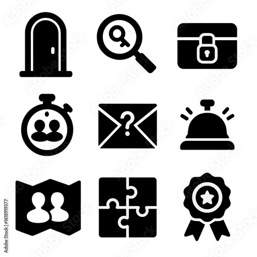 Indoor Challenge Icons. Solid, filled icons set of indoor collaborative challenges: escape room door, clue