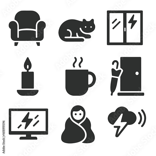 Indoor Thunder Reactions Icons. Solid, filled icons set of indoor reactions to thunder: cozy chair, pet hiding