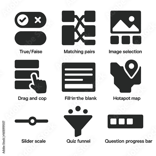 Interactive Quiz Icons. Solid, filled icons set of interactive quiz formats: true/false toggle, matching pairs