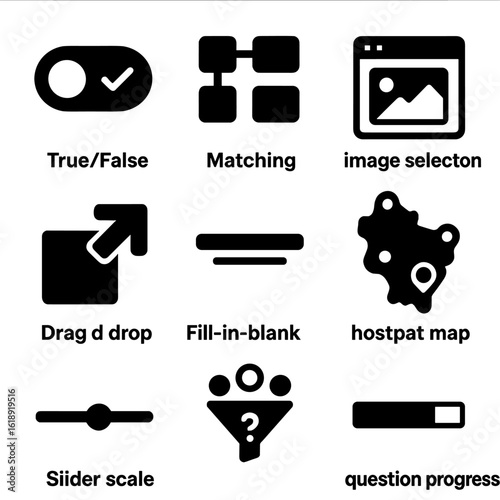 Interactive Quiz Icon Set. Solid, filled icons set of interactive quiz formats: true/false toggle, matching