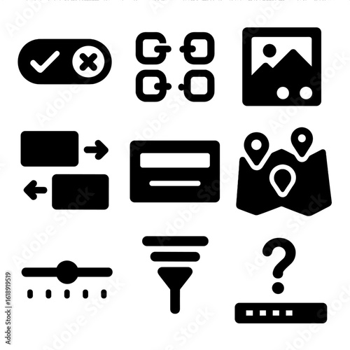 Interactive Quiz Icon Set. Solid, filled icons set of interactive quiz formats: true/false toggle, matching