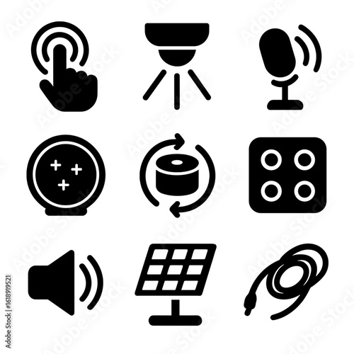 Interactive Sculpture Icons. Solid, filled icons set of interactive sculptures: touch sensor, motion detector,