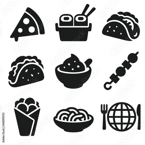 International Cuisine Icons. Solid, filled icons set of international cuisine delivery: pizza slice, sushi box