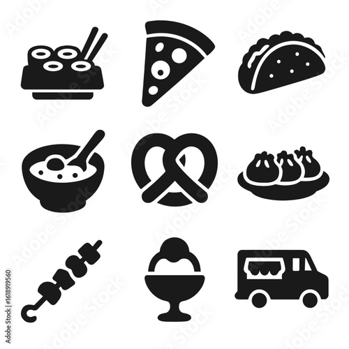 International Food Icons. Solid, filled icons set of food culture in different countries: sushi plate, pizza