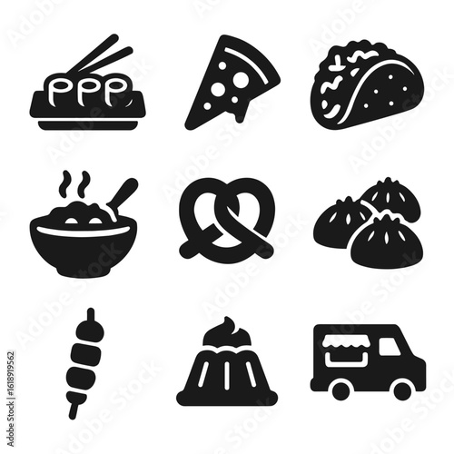 International Food Icons. Solid, filled icons set of food culture in different countries: sushi plate, pizza