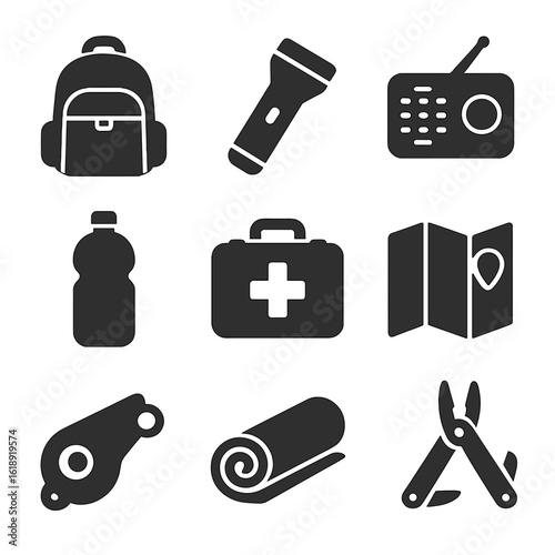 Disaster Gear Icons. Solid, filled icons set of disaster preparedness gear: emergency bag, flashlight, radio,