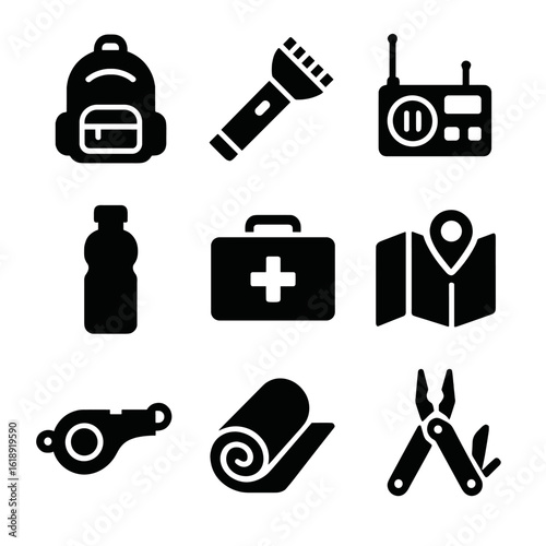 Disaster Gear Icons. Solid, filled icons set of disaster preparedness gear: emergency bag, flashlight, radio,