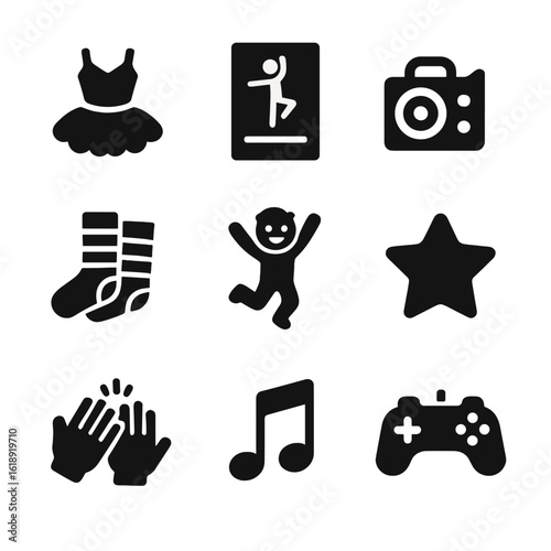 Kids Dance Icons. Solid, filled icons set of kids’ dance practice: tutu dress, dance pose chart, toy speaker,